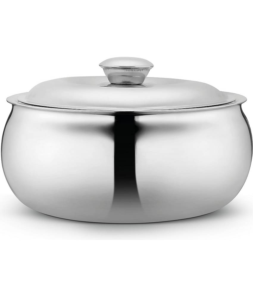 Classic Essentials Belly Casserole Silver Steel Serve Casserole ( Set of 1 , 2100 mL )