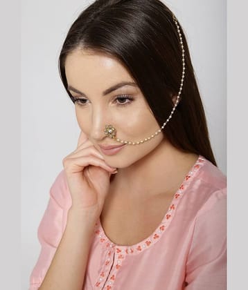 Gold Plated Kundan Nose Ring/Nath with Pearl Chain For Women/Girls