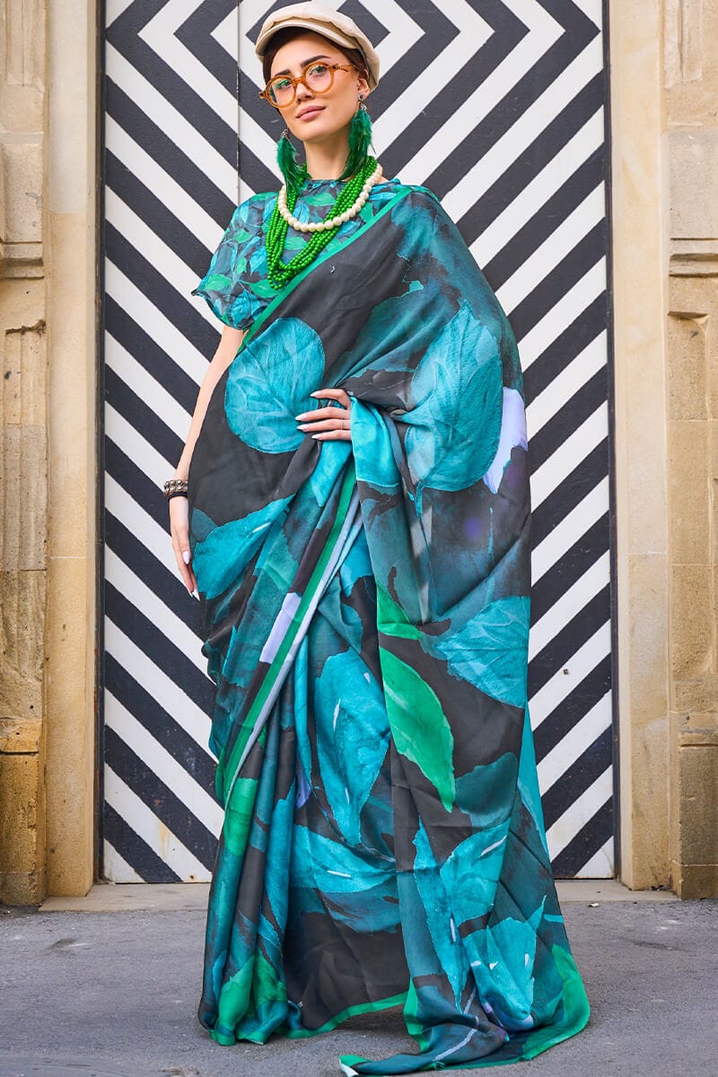 Surpassing Black Digital Printed Satin Silk Saree With Desiring Blouse