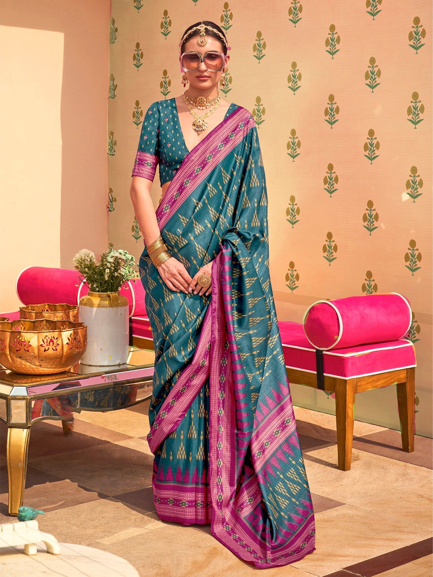 Teal Pure Sigma Silk Printed Saree
