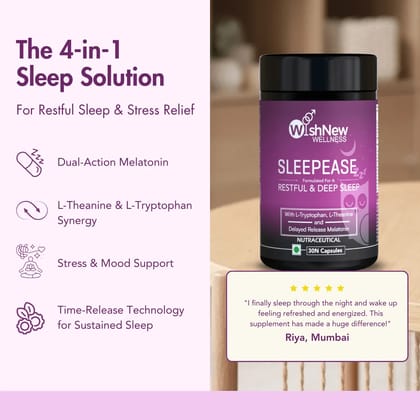 WishNew Wellness SLEEPEASE | 30 Veg Capsules | Advanced Sleep Formula | L-Theanine, Melatonin, Valerian, Ashwagandha | Deep Restful Sleep | Non-Habit Forming | 100% Vegetarian | Enhanced Relaxati