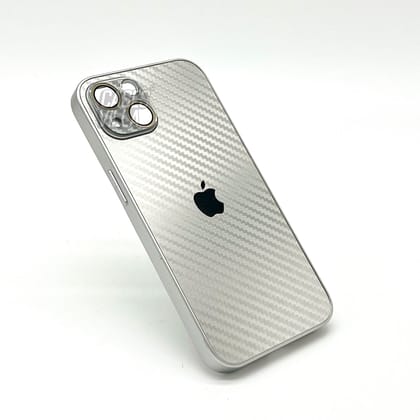 iPhone 14 Cover : New Carbon Fiber Pattern AG Glass Case with Camera Lens Protection-Silver