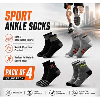 SPORT SOCKS 170526 PACK 4 Men Sports Ankle Socks Cotton Breathable Sweat Absorbent Daily Wear Socks for Men