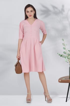 Timeless Charm Panelled Linen Dress, Pastel Pink-XS