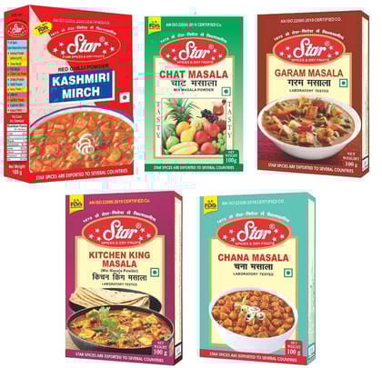 Star Spices Kitchen King, Garam, Chat, Chana and Kashmiri Mirch Masala, 100 gm - Pack of 5