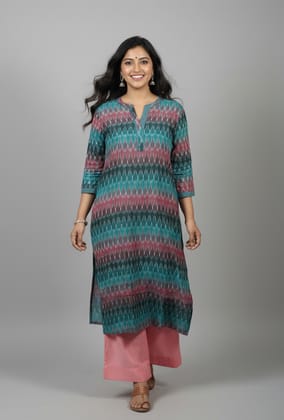 Rivaaj Ethnic Kriti Straight Kurta (M) | Handwoven Blue Ikkat Cotton Fabric | Casual Office Wear | Split V-Neck 3/4 Sleeves Rivaaj Ethnic Kriti Straight Kurta (M) | Handwoven Blue Ikkat Cotton Fabric | Casual Office Wear | Split V-Neck 3/4 Sleeves
