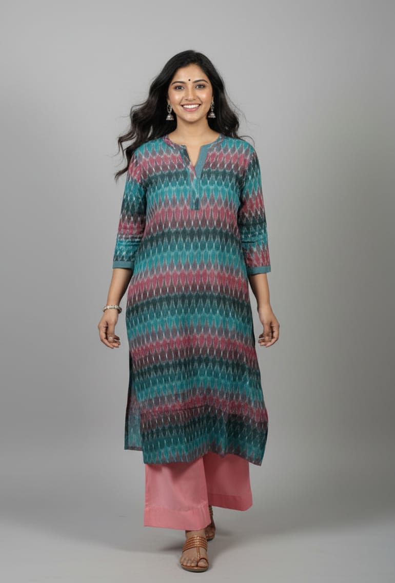 Rivaaj Ethnic Kriti Straight Kurta (M) | Handwoven Blue Ikkat Cotton Fabric | Casual Office Wear | Split V-Neck 3/4 Sleeves