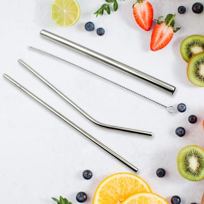 DHRUVINSRI Friendly Reusable Stainless Steel Drinking Straws with Travel Case & Cleaning Brush - Set of 4 (2 Straight, 1 Bent, 1 Brush