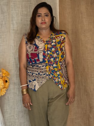 Multicolour Handcrafted Madhubani & Kalamkari Sleeveless Jacket Top-L