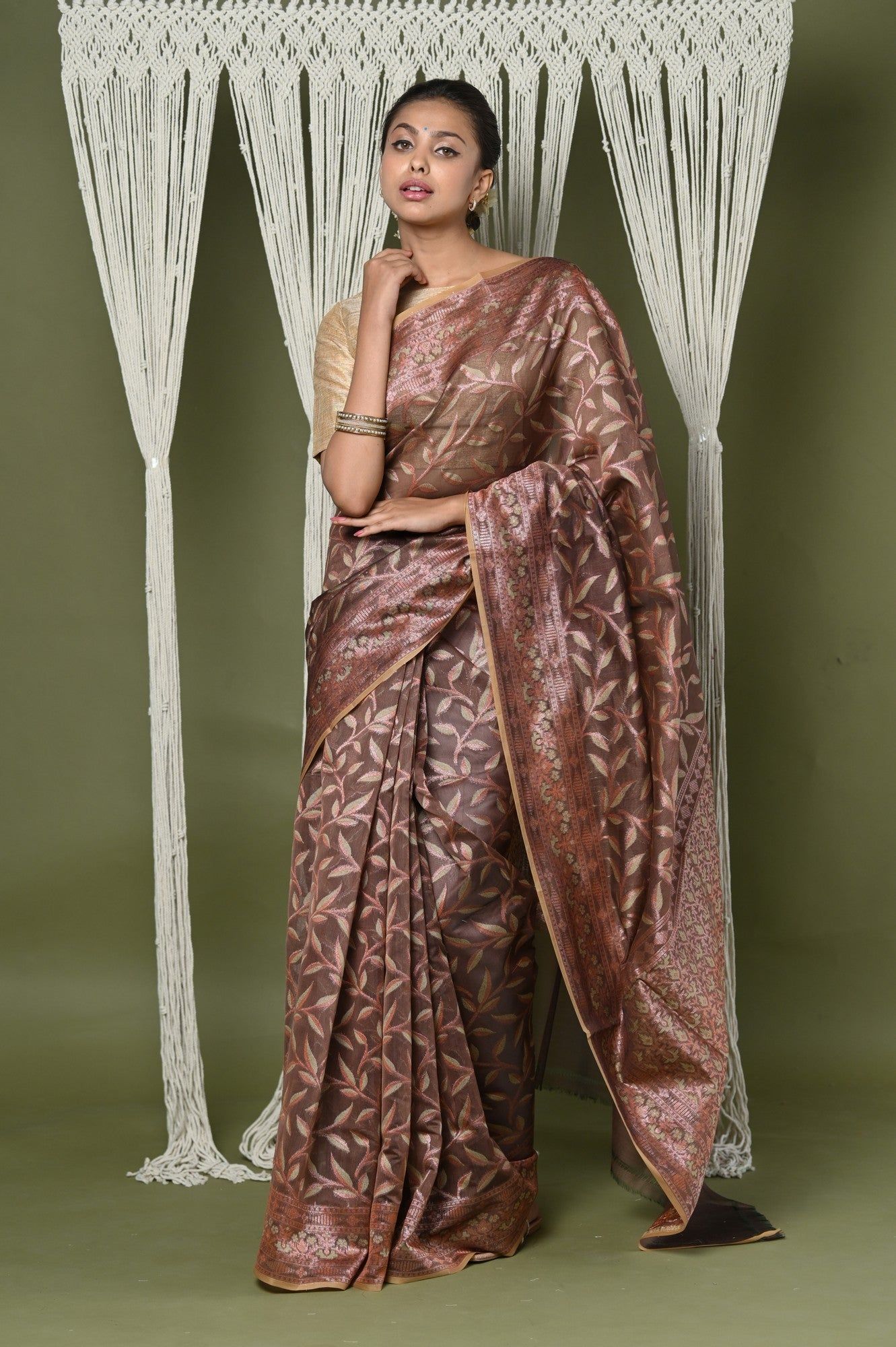 Exclusive High Quality Handloom Banarasi Cotton Saree with Beautiful Abstract Print ~ Brown