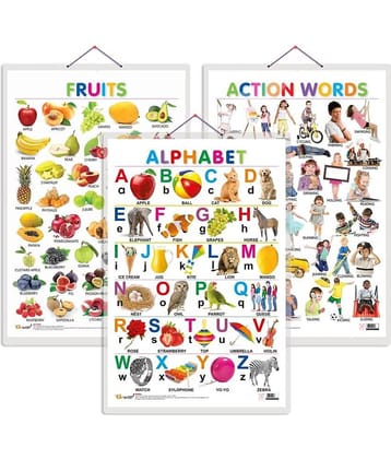 Set of 3 Alphabet, Fruits and Action Words Early Learning Educational Charts for Kids | 20"X30" inch |Non-Tearable and Waterproof | Double Sided Laminated | Perfect for Homeschooling, Kindergarten and Nursery Students
