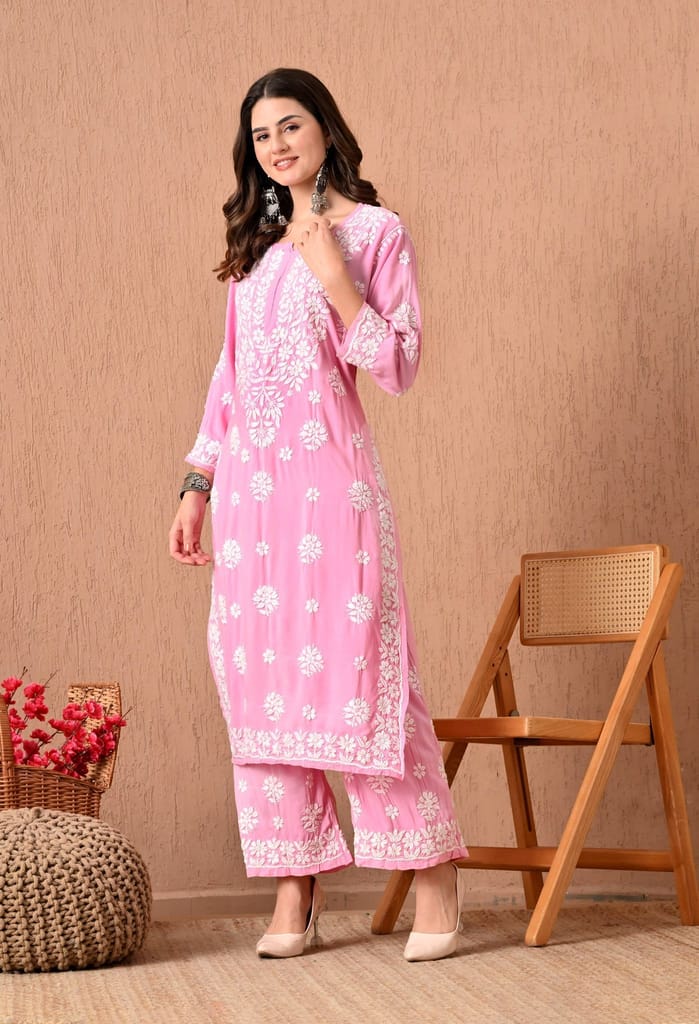 Hand Embroidered Chikankari Plazo Set 3d Work- Pink