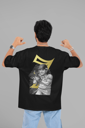 Dhoni 7 Athletic Round Neck Drop Shoulder Graphic Printed Oversized Cotton T-shirt-S / Black