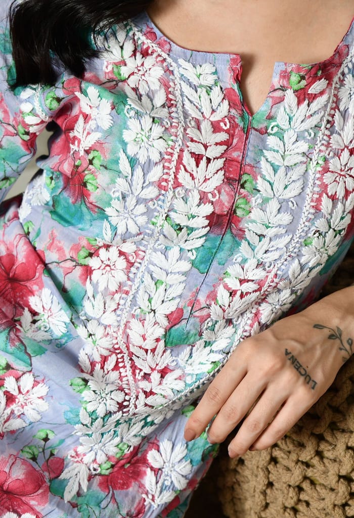 Multi color Mulmul Pure Cotton Lucknow Chikankari Kurta -Lavender