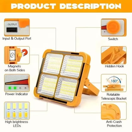 Solar LED Flood Light, 100W, 16500 mAh Rechargeable, Waterproof Outdoor Light for Farms, Garage, Camping
