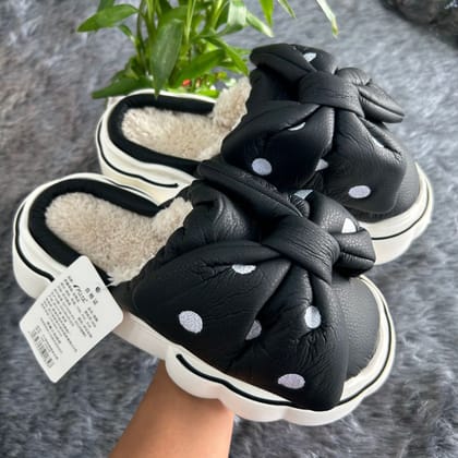 Polka Dotted Bow Fur Flip Flops-36-37 / Brown