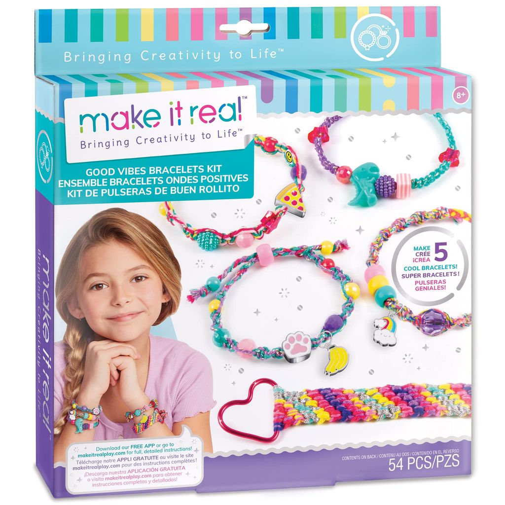 Make It Real Good Vibes Bracelet Kit|Create 5 Unique Cord Charm Bracelets|54 Pieces, Cotton & Colors Glitter Thread,38 Assorted Beads,2 Charms,Threader|DIY Arts & Crafts|Kids Ages 8+|Made in India