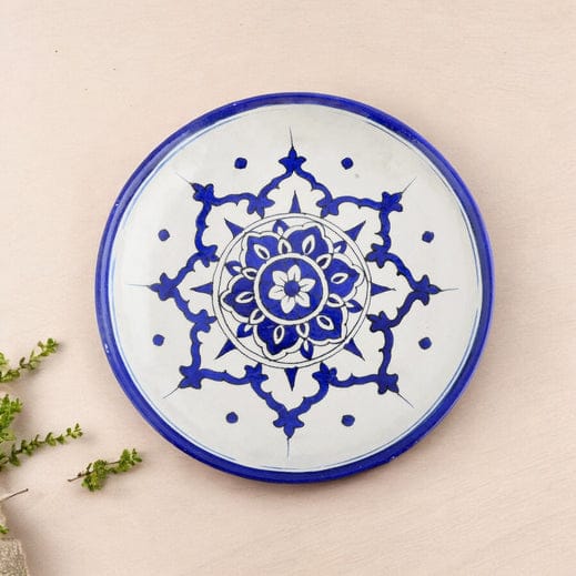 Blue Pottery Floral Pattern Decorative PlateCyan Blue8
