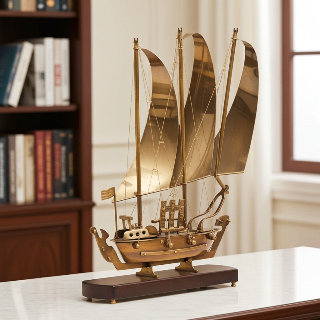 Brass Table Decor Ship Model – Wooden Base Nautical Showpiece, Height : 20 Inch (MRMAS172 C)