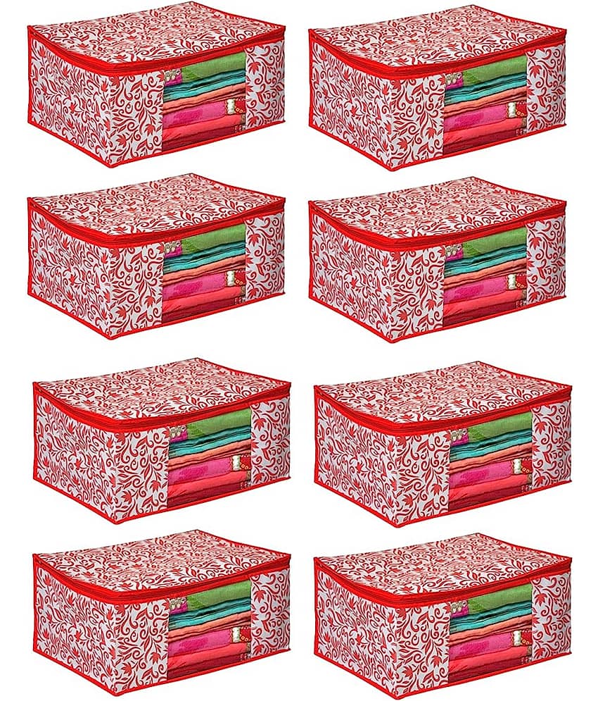 Non-Woven Saree Cover Cloth Storage & Organizer ( Pack of 8 ) Red Multi Saree Cover