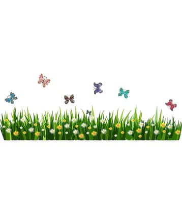 Wallzone Grass & Colorfull Butterfly Sticker ( 120 x 40 cms )