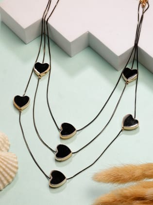 NVR Women's Black Heart Shape Layered Fashion Necklace-Onesize / Black / Alloy
