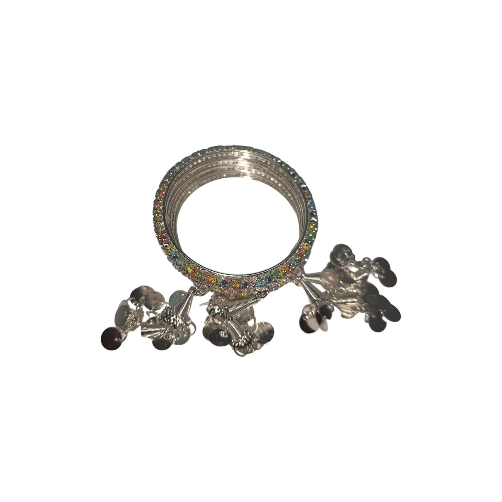 oxidized silver bangles with multi-colored stones and hanging bells