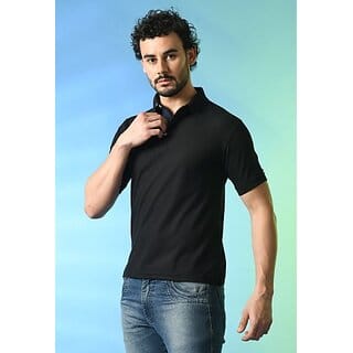 PrintCultr Solid Men Polo Neck Cotton Blend Black T-Shirt