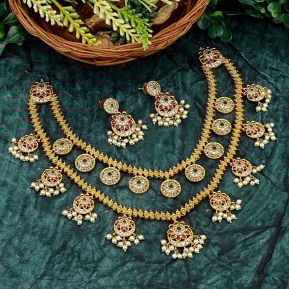 Exquisite Gold-Plated Necklace Set with Red, Green, and Pearl Stones - Traditional Bridal Jewelry Collection