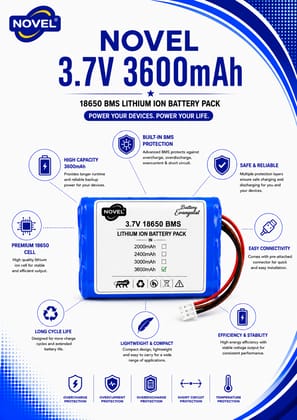 NOVEL 3.7V BMS 18650 LITHIUM ION DUAL BATTERY PACK WITH JST 3PIN- 3600mAh