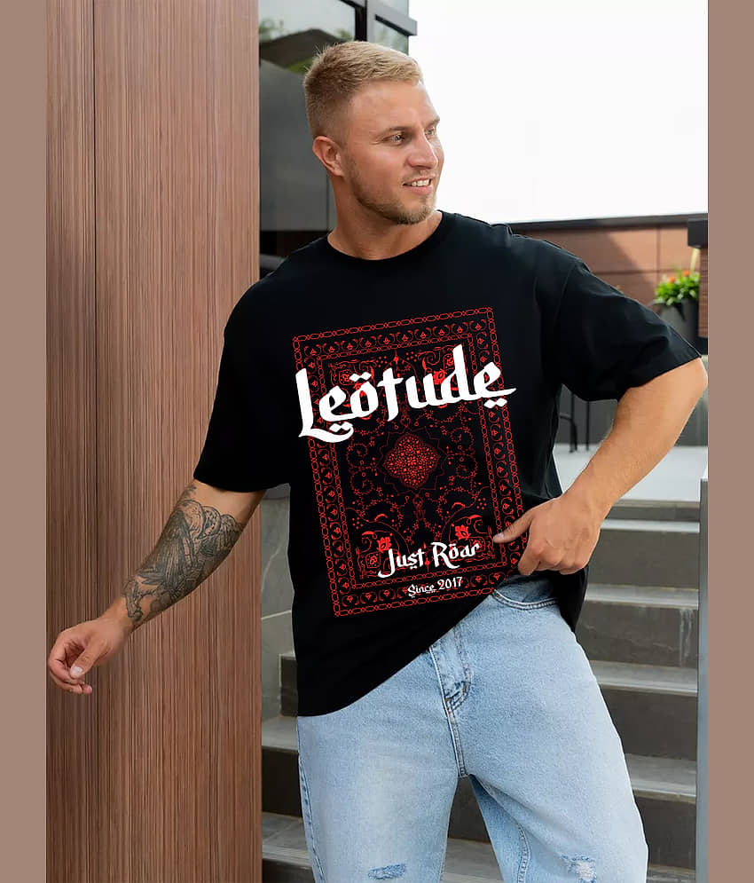 Leotude Cotton Blend Oversized Fit Printed Half Sleeves Men's Round T-Shirt - Black ( Pack of 1 )