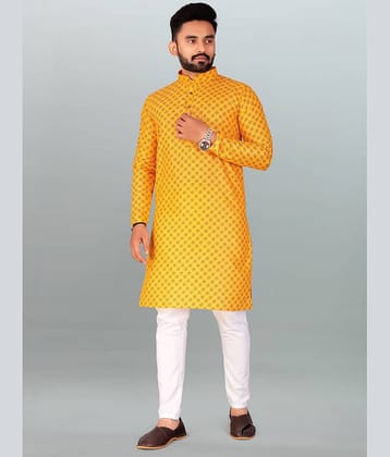 FRELURO Yellow Cotton Blend Regular Fit Men's Kurta Pyjama Set ( Pack of 1 )