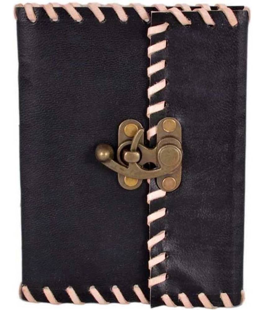 leather lock notebook A6 Diary unruled 200 Pages (Black)