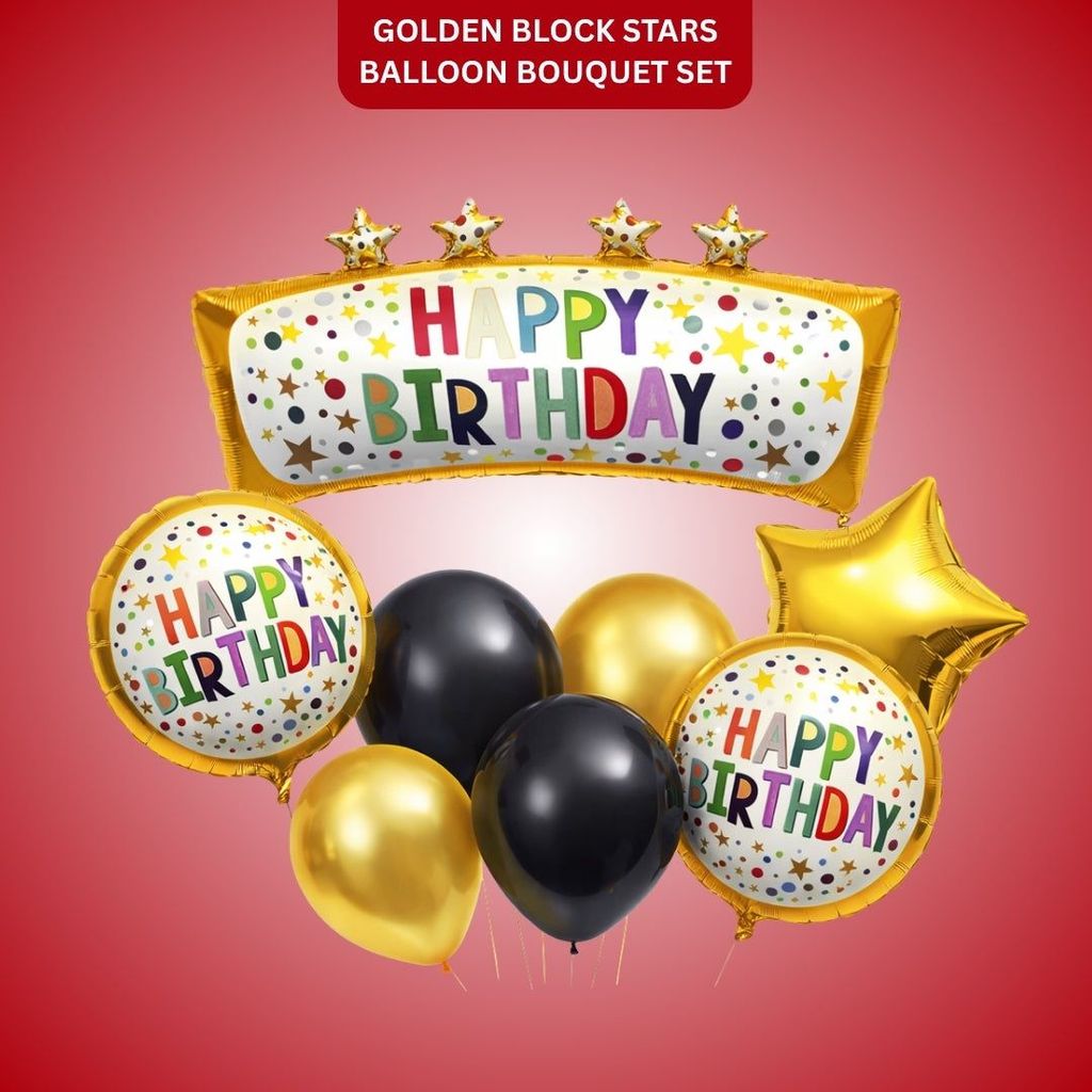 Happy Birthday Golden Block & Star Balloons - Set of 8 - Party and Festive Needs | Buy online on ZillyBuy