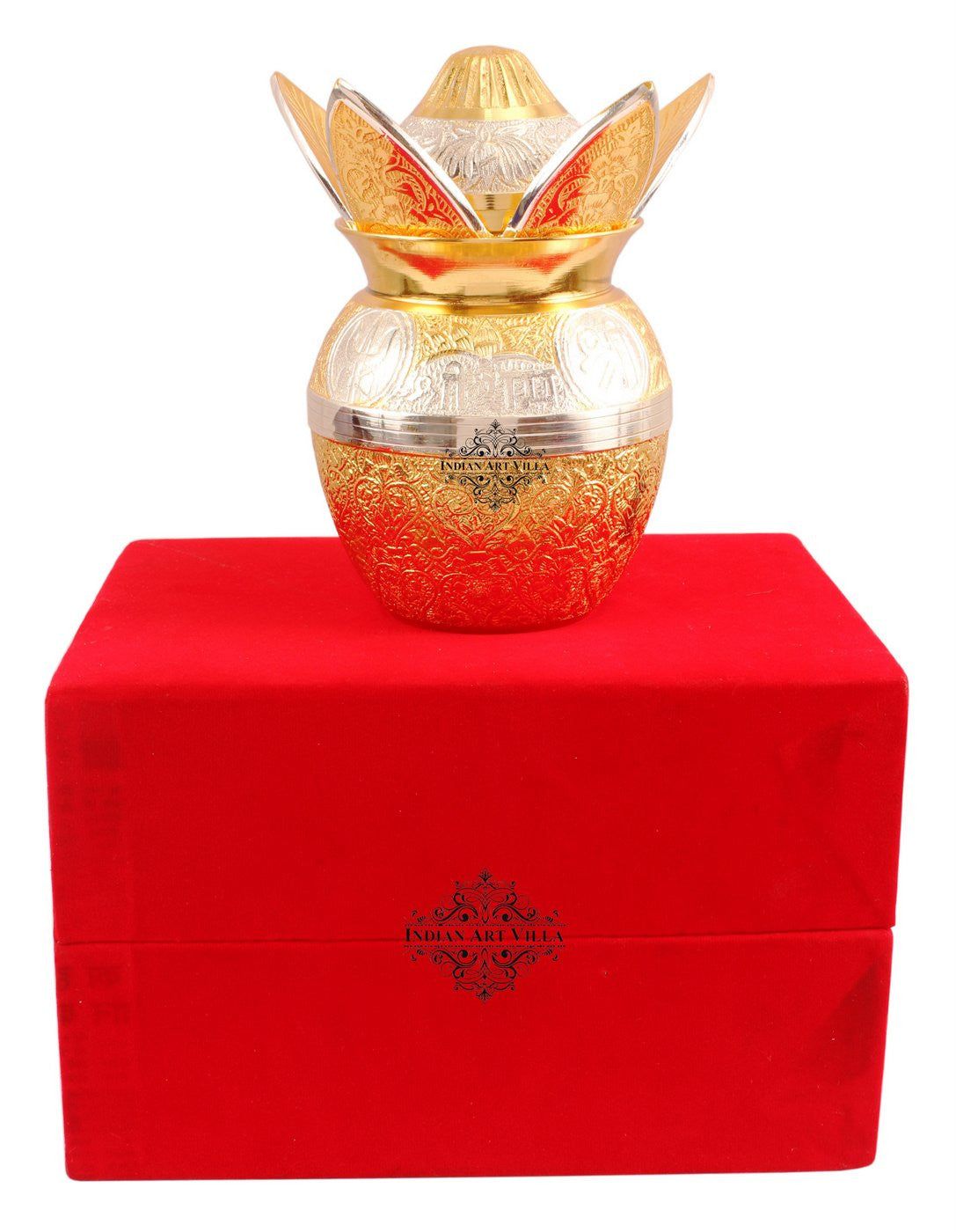 Handcrafted Pure Silver Plated Gold Polished Designer Mangal Kalash with Coconut-Small