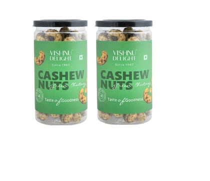 Vishnu Delight Premium Quality Green Chutney Flavored Cashews 85gm Jar - Rich in Protein, Fiber, and Healthy Fats, Perfect for Healthy Snacking on-the-go Pack of 2
