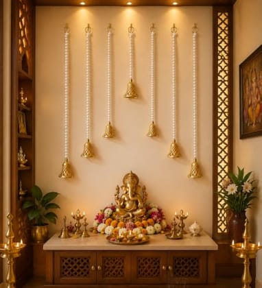 Handmade White Beads Golden Bell 7 Latkan Home Decoration Item for Ganpati Festival wall Hanging Handcrafted