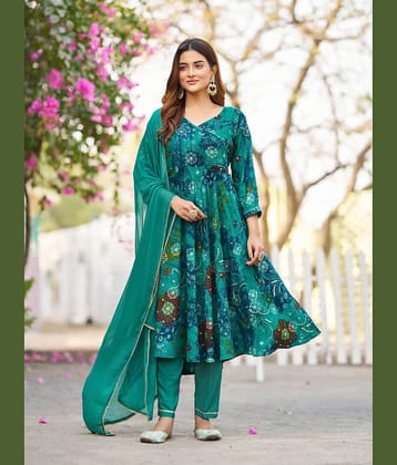VIBEVISION Cotton Blend Printed Kurti With Pants Women's Stitched Salwar Suit - Teal ( Pack of 1 )