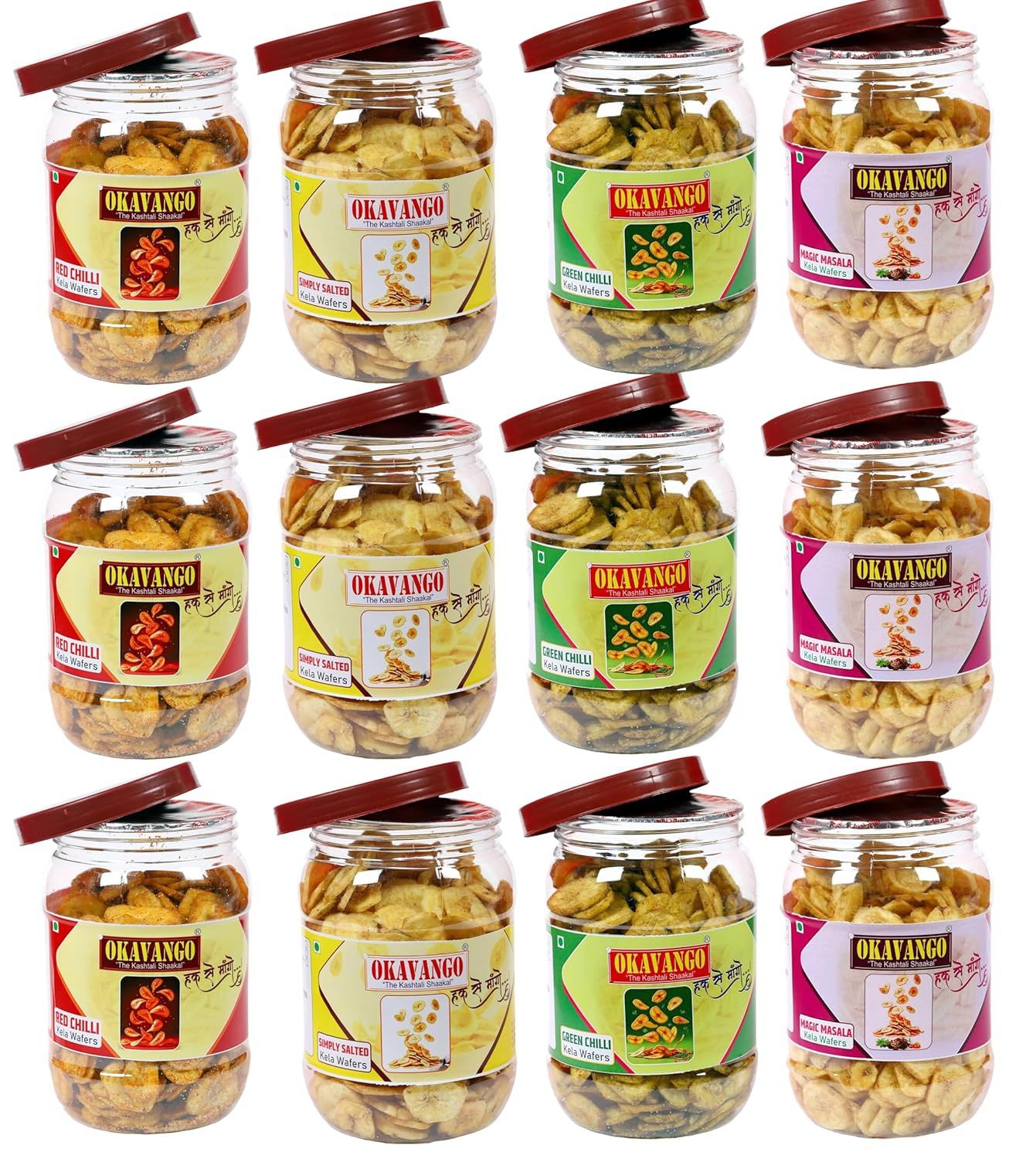 Okayango Premium Banana Chips Variety Pack, Red Chilli, Simply Salted, Green Chilli, Magic Masala Flavours, Traditional Recipe X Pack of 12 (03 Nos.each flavour)