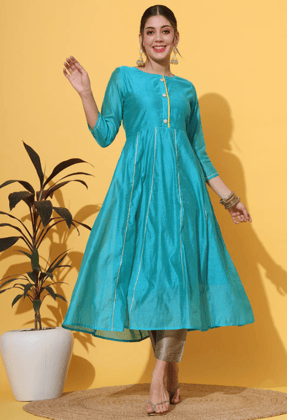 Turquoise Chanderi Anarkali Kurta-S / Turquoise