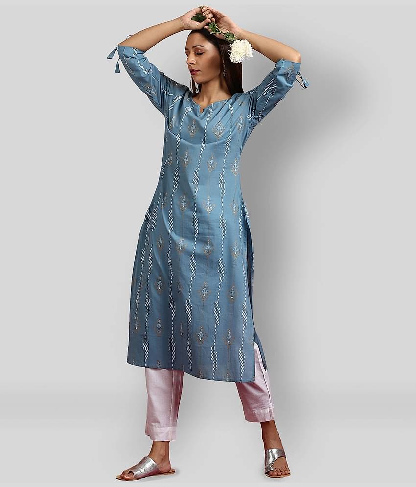 Janasya - Blue Cotton Women's Straight Kurti ( Pack of 1 )