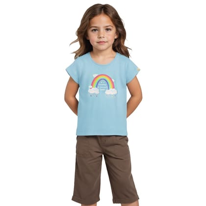 Girls T shirt Cotton Atomizer Blue Rainbow and Cloud print