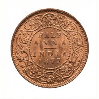 Half Anna 1877 Victoria Queen, British India old Copper Coin Silver Series
