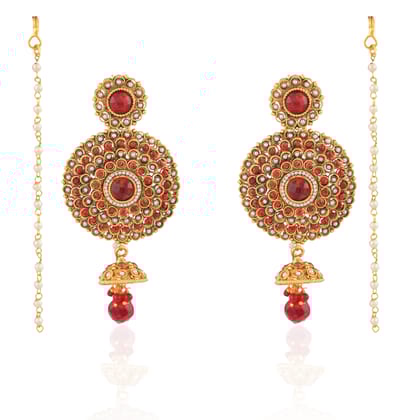 Gold-Plated Round Bridal Earrings with Red Stones & Pearl Ear Chain