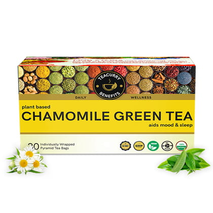 TEACURRY Chamomile Green Tea (1 Month Pack, 30 Tea Bags) - Helps with Sleep, PMS and Skin Health
