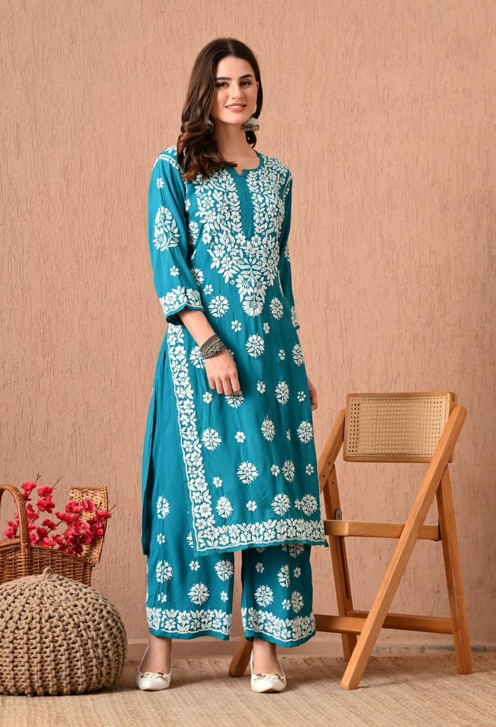 Hand Embroidered Chikankari 3d Work Plazo Set