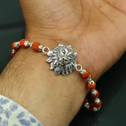 7.0" 925 Sterling silver customized rudraksha beaded lion Rakhi or bracelet. best gift for your brother's  for special Rakshabandhan rk05