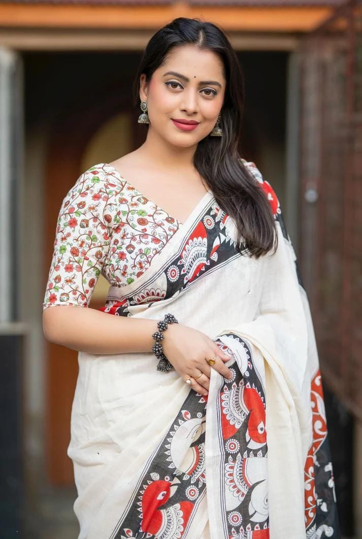 White Linen Saree with Kalamkari Digital Print