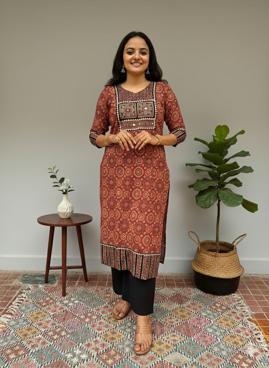 Rivaaj Ethnic Rithika Ajrakh Cotton Kurta (Size M) | Maroon Straight Fit with Round Neck & 3/4th Sleeves | Handblock Print | Casual Wear