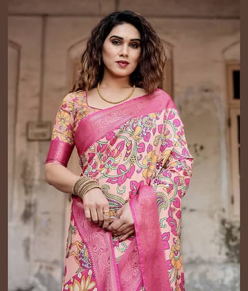 Almaari Fashion Cotton Silk Printed Saree With Unstitched Blouse Piece ( Pink )
